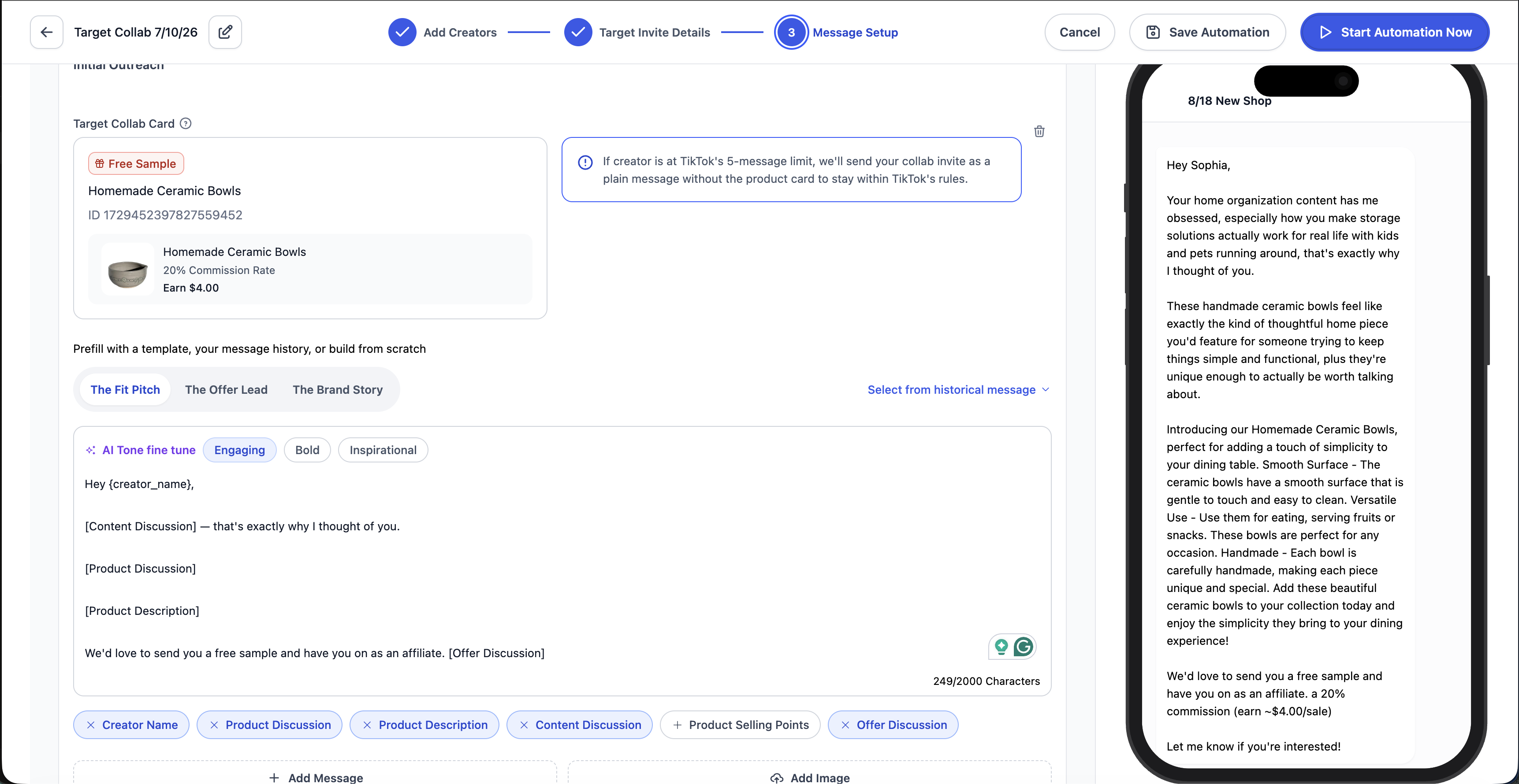 Personalized creator outreach preview for Sophia